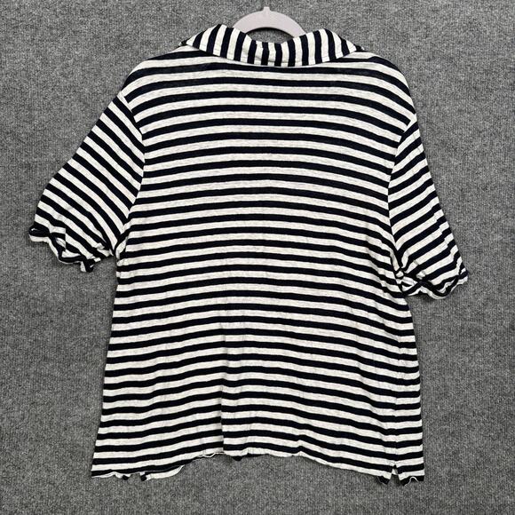 Chico's Size 3 Striped Linen Utility Tee Black White Roll Tab Sleeve Half Button - Picture 3 of 9